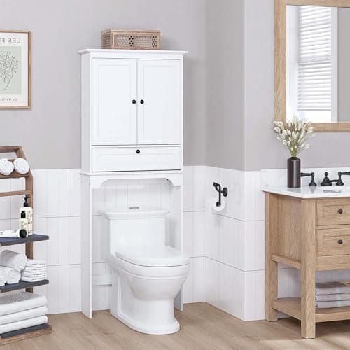 Spirich White Toilet Storage Cabinet with Doors and Adjustment