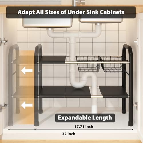 Expandable Under Sink Organizer with 2 Tiers and 2 Removable Baskets