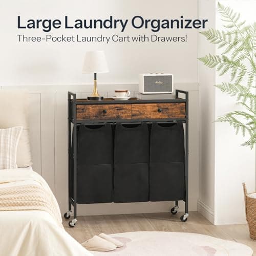 HOOBRO 3-Section 130L Rustic Brown Laundry Sorter with Drawers and Bags BF78XY01