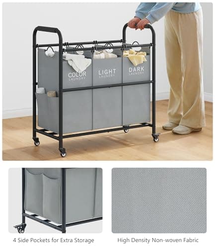 Tajsoon 3 Bag Laundry Sorter Cart, Grey