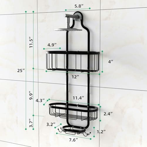 Kadolina Overhead Shower Caddy with Hooks, Black [Patented]