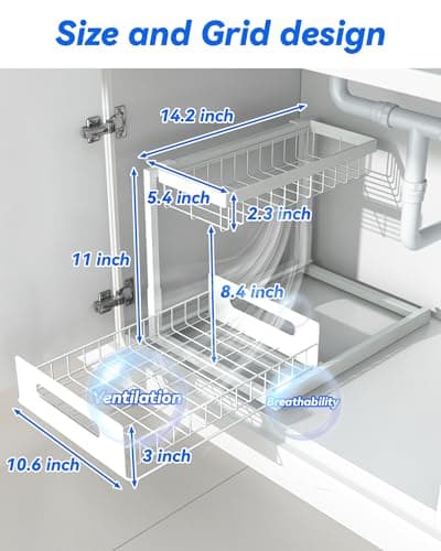2 Pack Metal Under Sink Organizers with Sliding Drawer, White, Kitchen & Bathroom Storage