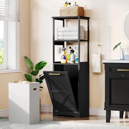 Black 53" Tall DWVO Tilt Out Laundry Hamper with Storage Shelves for Bathroom, Bedroom, and Laundry Room