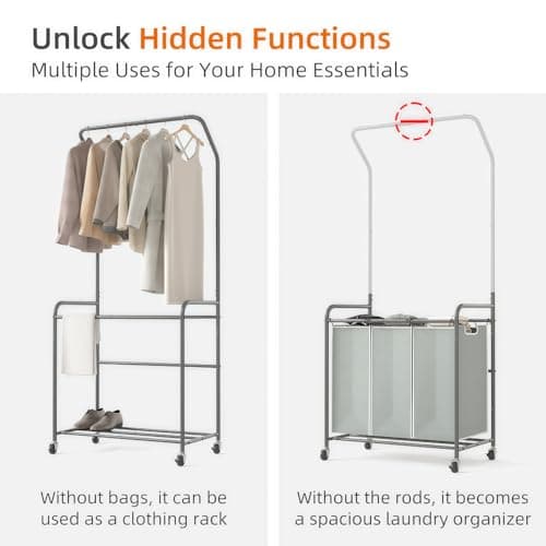ROMOON 3-Section Laundry Hamper with Hanging Rack & Lockable Wheels - Upgraded 2025