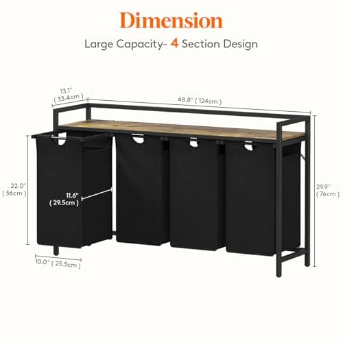 Lifewit 4-Section Laundry Hamper with Bags & Handles, 168L, Black