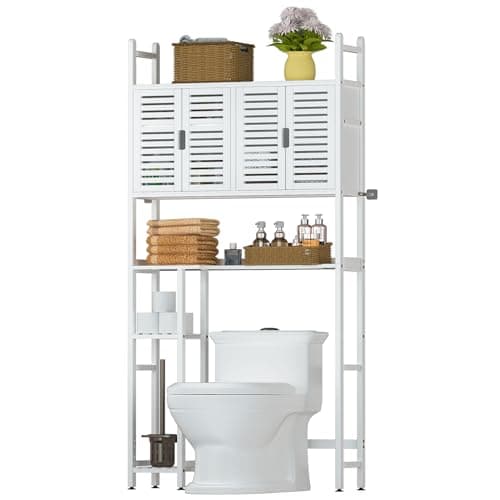 Bamboo Toilet Storage Cabinet with Paper Holder, 4-Door & Waterproof Feet (Brown)