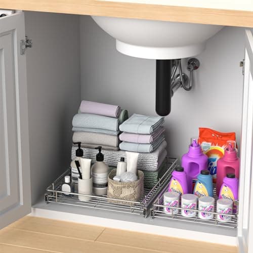 ZOINLIY Heavy Duty Pull-Out Kitchen Organizer, 14" x 21" Storage Basket, Smooth Sliding, Chrome Finish