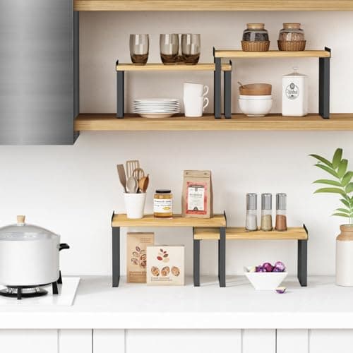 Bamboo & Black Expandable Kitchen Cabinet Organizer Set of 4 Shelves
