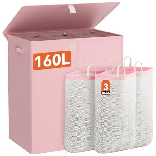 WOWLIVE 160L 3-Section Laundry Hamper with Lid & Removable Bags, Collapsible Black