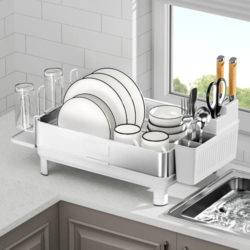 304 Stainless Steel Dish Drying Rack, Black, Kitchen Organizer with Drainage & Utensil Holder