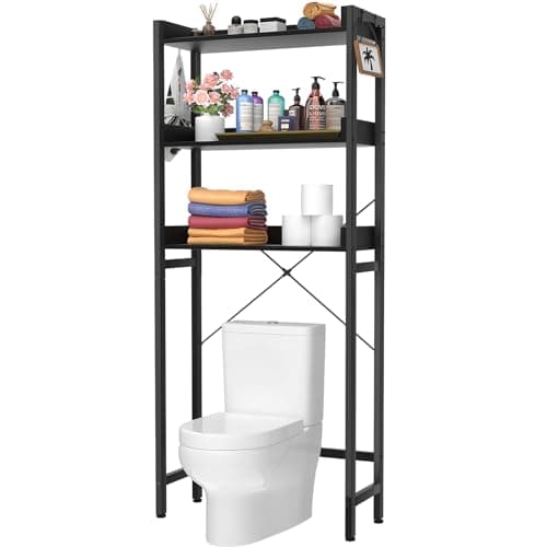 Freestanding Over-The-Toilet Storage Rack, 3-Tier Bathroom Organizer Shelf with Hooks - Black