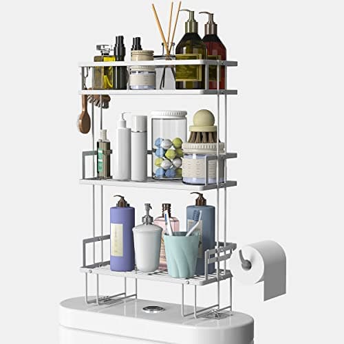 3-Tier Over-The-Toilet Storage Shelf with Hooks - Punch-Free Bathroom Organizer, Black