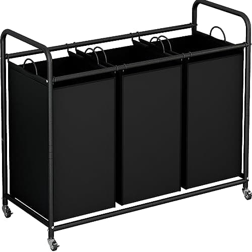 LINZINAR Heavy Duty 3-Bag Laundry Hamper with Lockable Wheels & Organizer