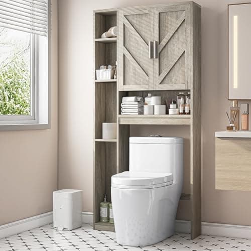 White Space-Saving Toilet Cabinet with 7 Shelves & Paper Holder, Above Toilet Organizer