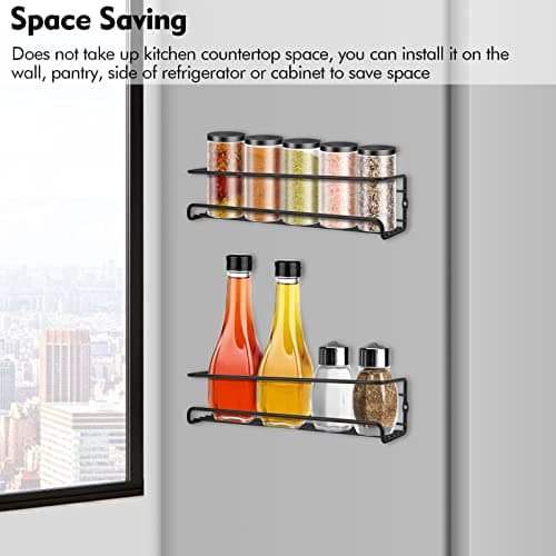 Black Wall Mounted Spice Rack, Hanging Organizer for Kitchen Storage (2pcs)