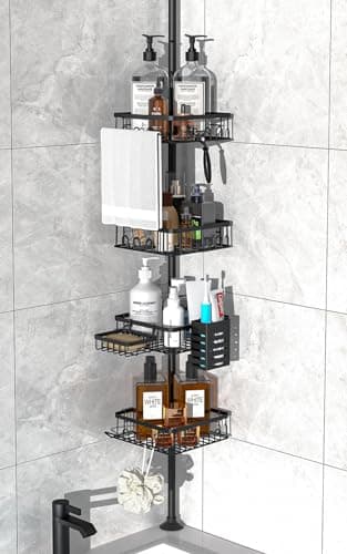 Rustproof 34-101 Inch Corner Shower Caddy with 4 Tier Organizer & Tension Pole - Black