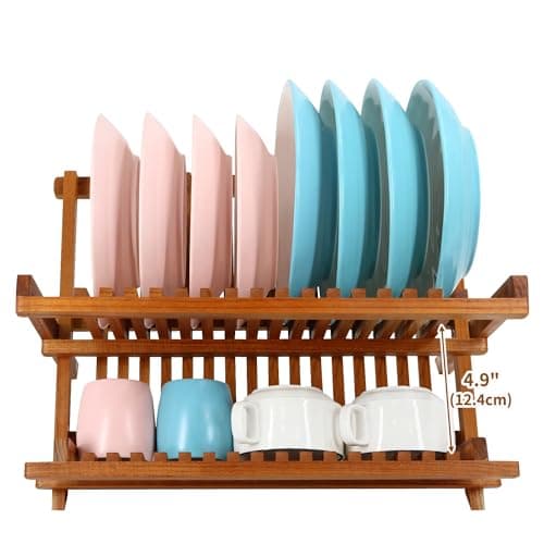 Utoplike Collapsible 2-Tier Teak Dish Drainer for Kitchen