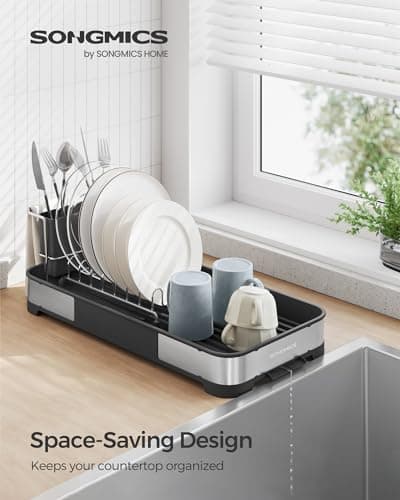 SONGMICS Stainless Steel Dish Drying Rack, Silver & Black, Kitchen Counter UKCS034B01