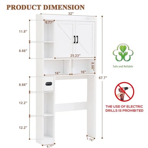 Farmhouse Storage Cabinet Over Toilet with 2 Barn Doors, White