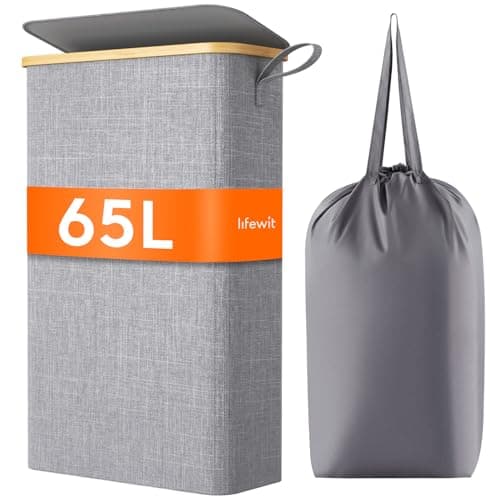 Slim 50L Laundry Hamper with Lid and Bamboo Handles