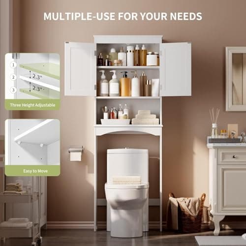 Gizoon White Wooden Toilet Storage Cabinet with Adjustable Shelf and Double Doors