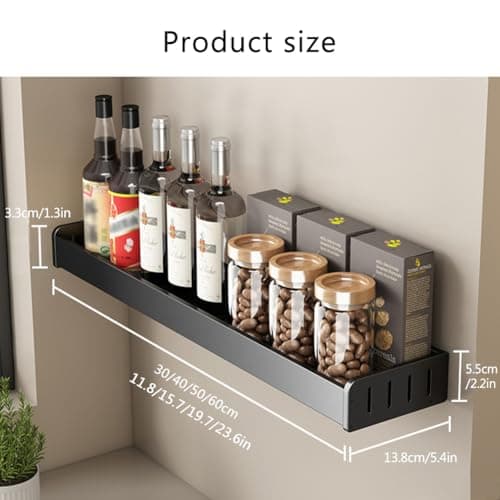 Black Wall Mount Spice Rack, Kitchen Spice Organizer 50cm Multi-Purpose