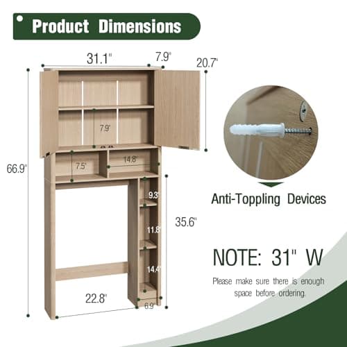 Over Toilet Storage Cabinet with Adjustable Shelf, Oak Wave Pattern Doors, 31" Wide