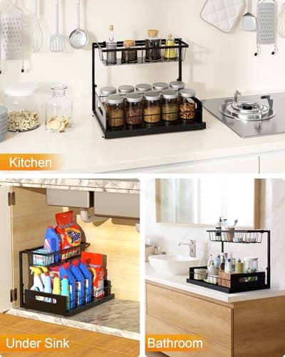 Mythinglogic 2 Tier Pull Out Under Sink Organizer, Metal Kitchen & Bathroom Storage