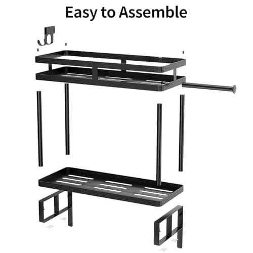 Bathroom Shelf with Toilet Paper Holder and Hooks, 2 Tier Metal Organizer Rack - Black