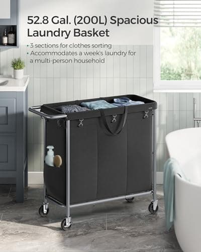 3-Section Rolling Laundry Basket with Wheels for Blanket Storage, 52.8 Gallons