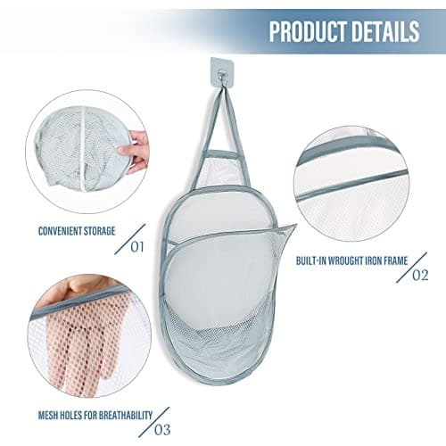 3-Piece Foldable Grey Mesh Laundry Hamper with Handle for Home & Hotel
