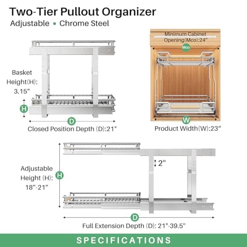 Pull-Out Cabinet Organizer for Pots and Pans - Heavy Duty 2 Tier Sliding Shelves (23 W X 21 D)