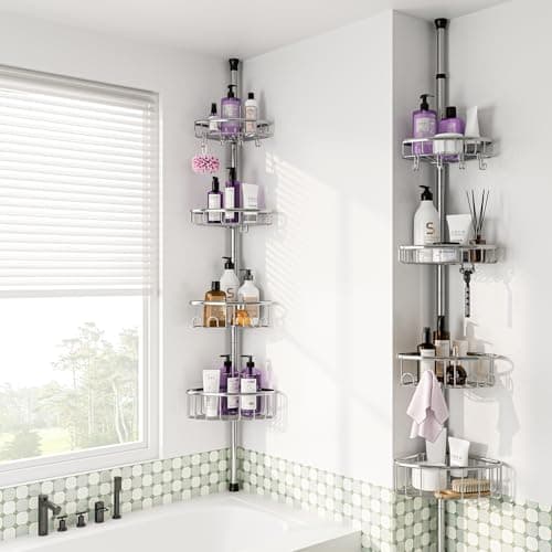 Stainless Steel 4-Tier Corner Shower Caddy - 47-121 Inch Adjustable Bath Rack - Silver