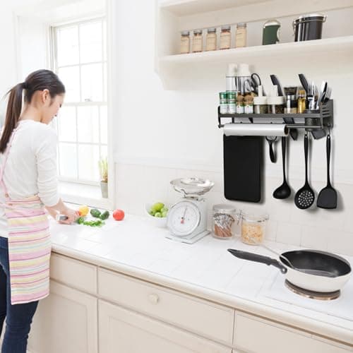 50CM Wall Mount Spice Rack with Hooks - Kitchen Organizer for Spices, Utensils, and Jars