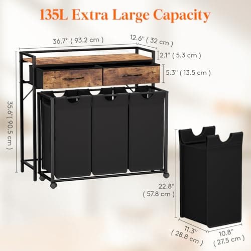 Lifewit Large Rolling Laundry Sorter with Shelf & Drawers, Rustic Brown and Black