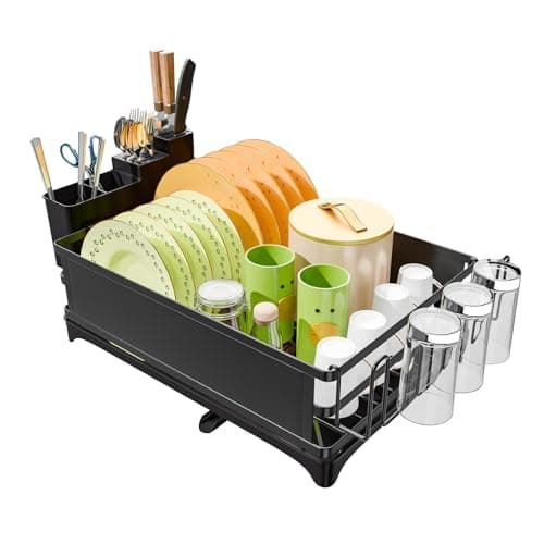 Trending Steel Dish Drying Rack, Large Capacity with Cutlery Holder, Black