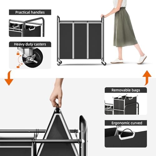 ROMOON 3-Compartment Laundry Sorter with Liners and Wheels – Space-Saving Apartment/Dorm Storage (Black)