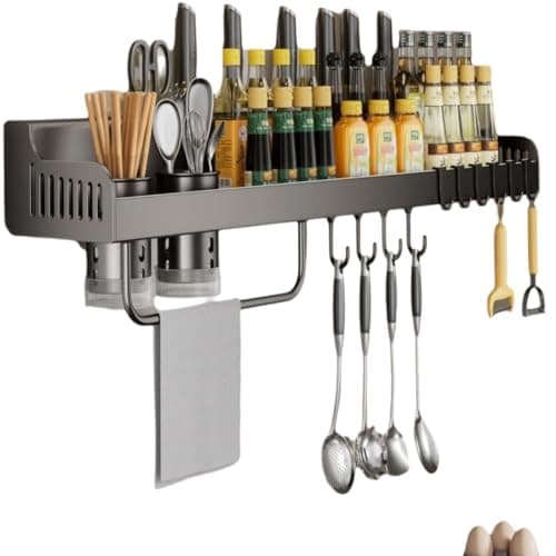 HGH365 Black Stainless Steel Wall Mount Spice Rack with Hooks, 23.7in Seasoning Jar Organizer