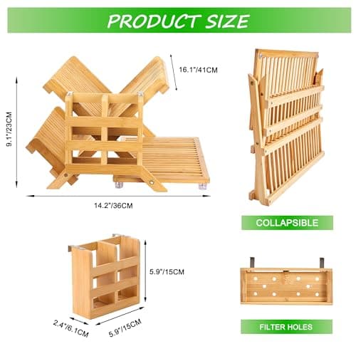 Bamboo Collapsible 3-Tier Dish Drying Rack with Holder