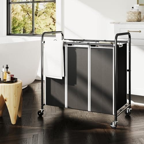 ROMOON 3-Compartment Laundry Sorter with Liners and Wheels – Space-Saving Apartment/Dorm Storage (Black)