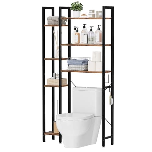 OTK 7-Tier Over The Toilet Storage Organizer - Freestanding Rack with Hooks & Adjustable Feet for Bathroom & Laundry