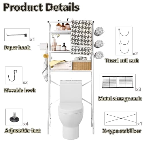 White Metal 3 Tier Bathroom Organizer Shelf with Paper Holder Easy to Install Space Saving