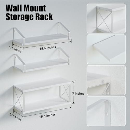 White Wall-Mounted Floating Shelves for Bedroom, Kitchen & Bathroom Storage