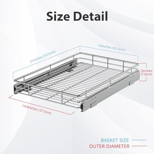ZOINLIY Heavy Duty Pull-Out Kitchen Organizer, 14" x 21" Storage Basket, Smooth Sliding, Chrome Finish