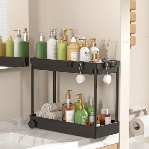 ASOBAGE 2 Tier Sliding Cabinet Organizer with Hooks - Black, Multi-Purpose Sink Storage (2 Pack)
