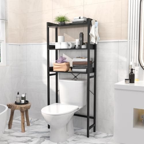 Freestanding Over-The-Toilet Storage Rack, 3-Tier Bathroom Organizer Shelf with Hooks - Black