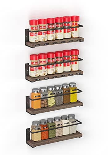 SpaceAid Spice Rack Organizer (4 Pack) for Cabinets or Wall with Labels - Wood Seasoning Shelf for Pantry