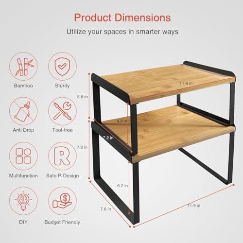 Bamboo & Black Expandable Kitchen Cabinet Organizer Set of 4 Shelves