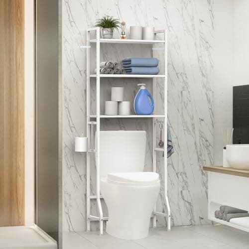 CADUKE 3-Tier Over the Toilet Organizer, Black Storage Shelf with Hooks & Paper Holder