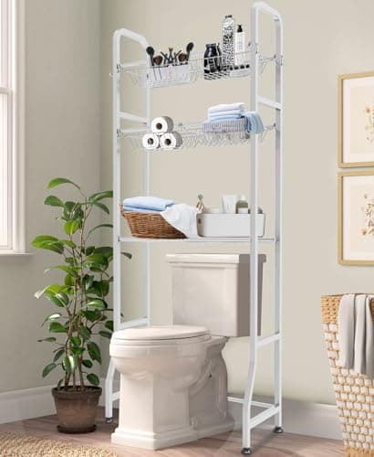 White Over-the-Toilet Storage Rack with 3-Tier Shelf & 6 Adjustable Shelves + 4 Hooks